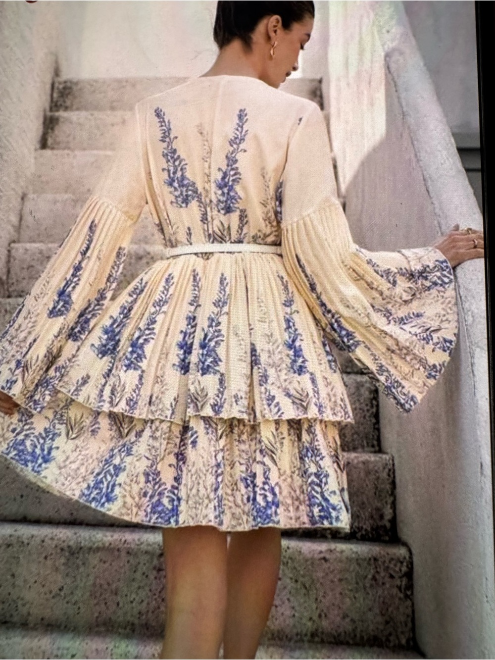 Floral Tiered Mini Dress in Cream with Blue Print